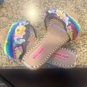 Betsey Johnson Multicolor Rainbow Fringe Floral Slide Sandals